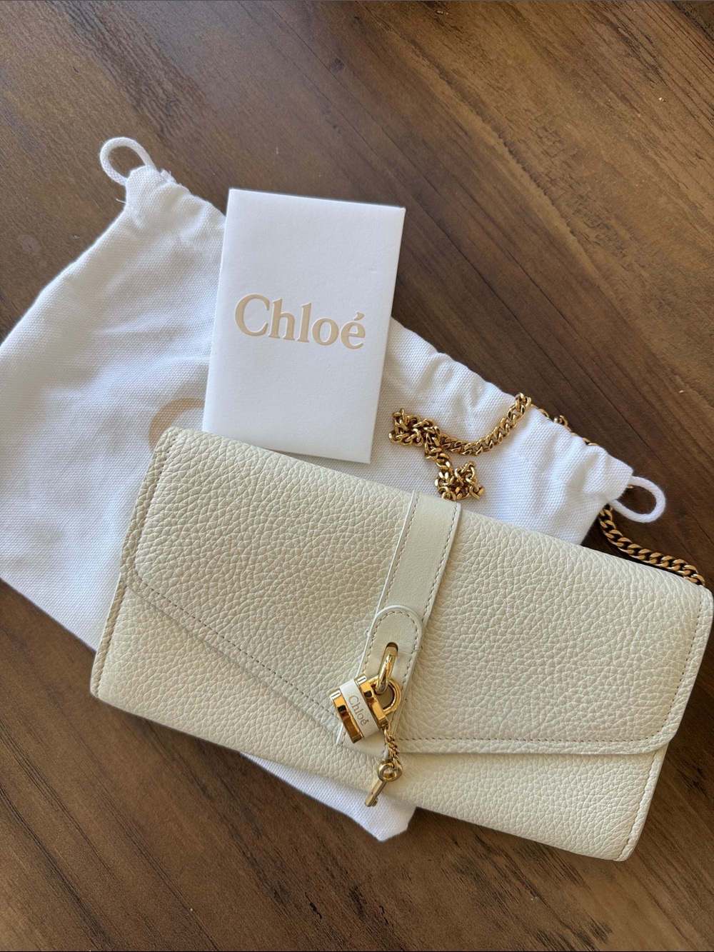 Chloé Cream Pebbled Leather Chain Wallet with Gold Hardware